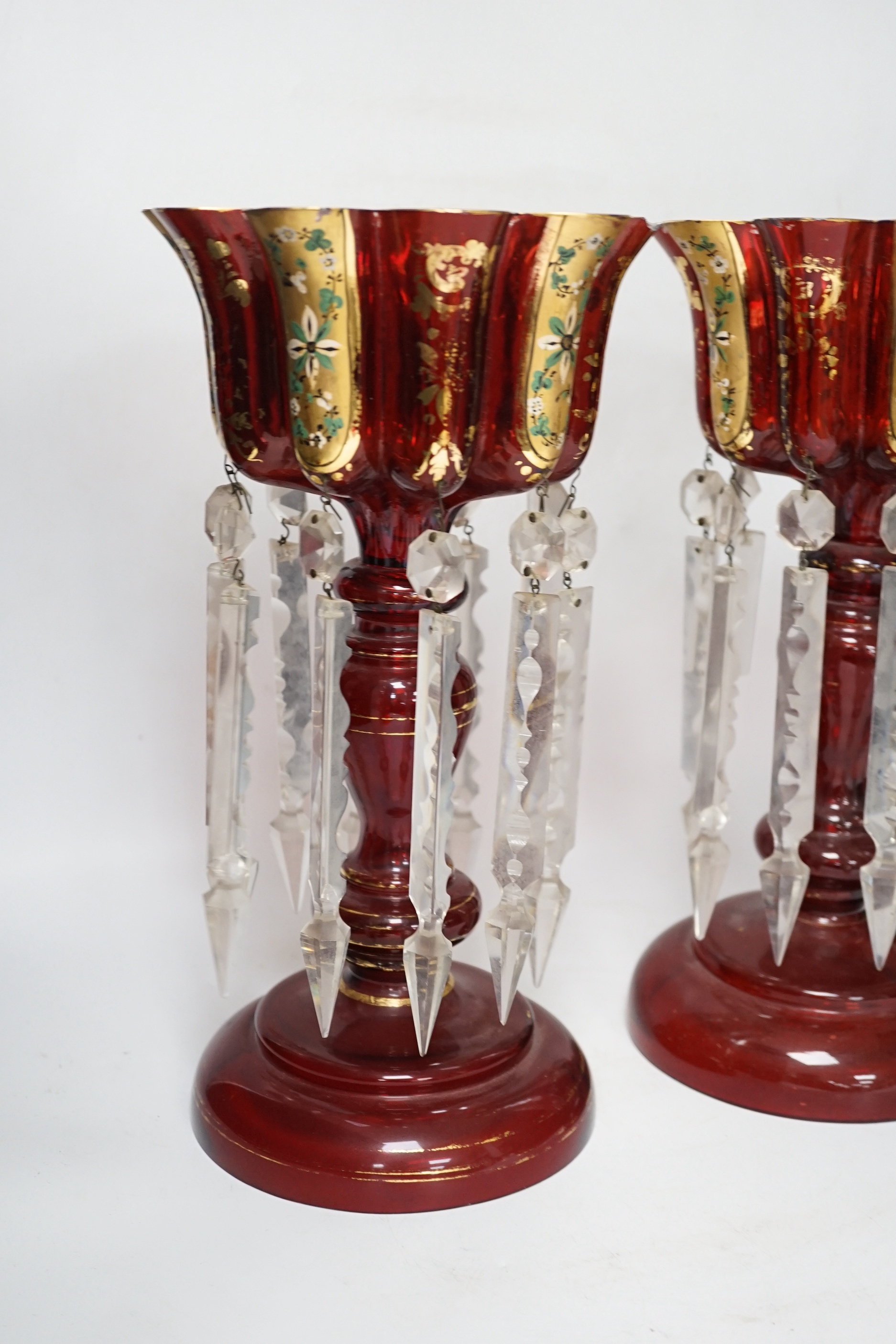 A pair of Continental overlaid ruby glass table lustres, 34.5cm